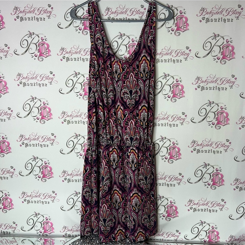 Banana Republic Purple and Black Paisley boho ruffle bottom Dress large